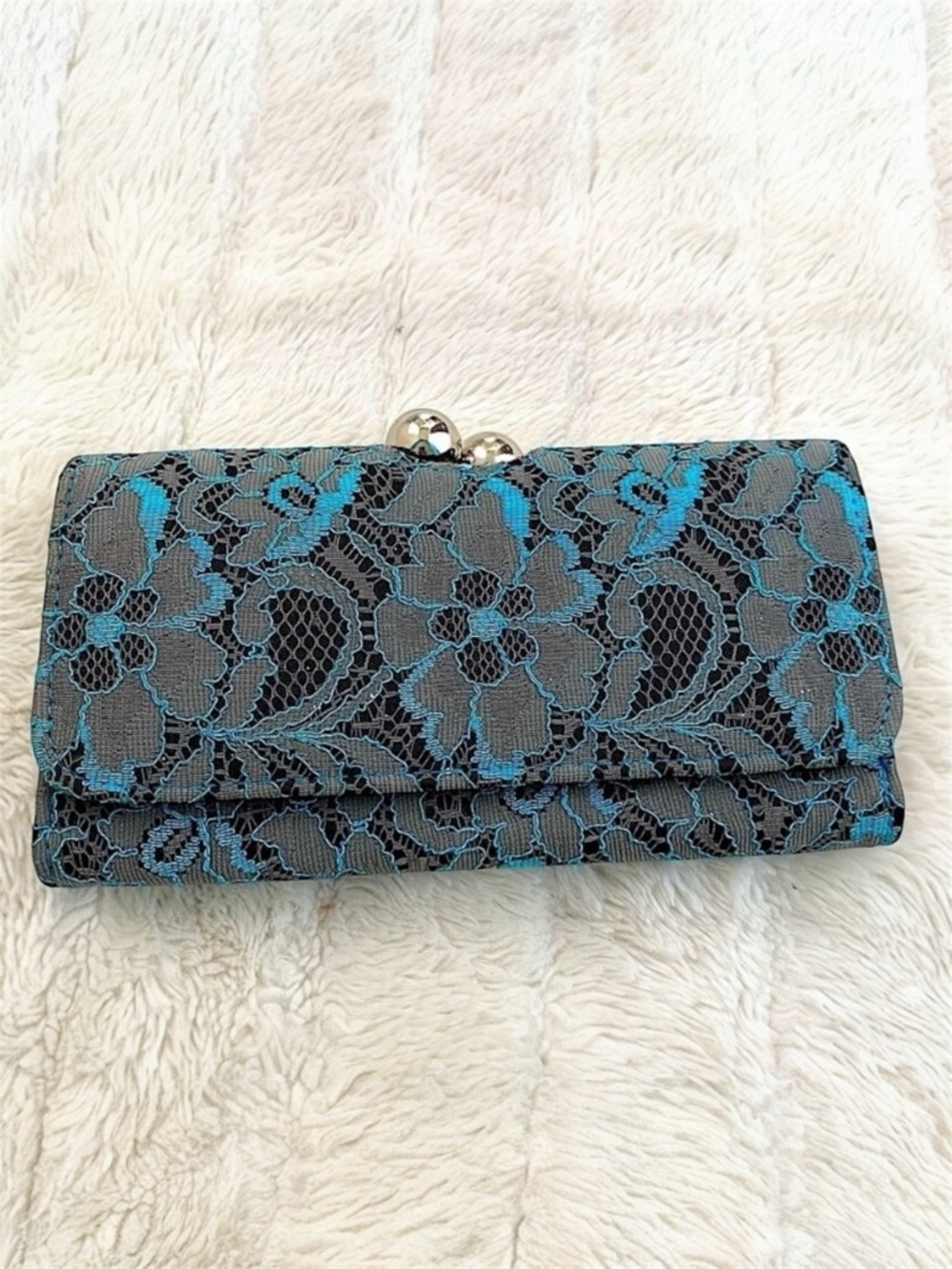Elegant Gray and Blue Lace Clutch Wallet